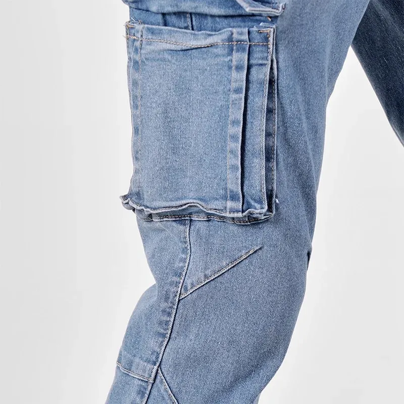 Men's Street Style Elastic Waist Denim Cargo Pants Solid Color Washed Slim Fit Casual Jeans with Multiple Pockets for Daily Wear — image 4
