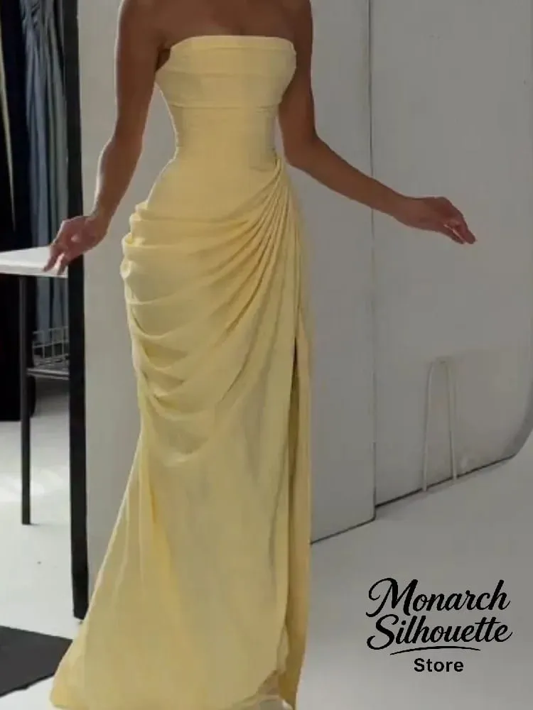 Gaun Panjang Berlipat Tanpa Tali Kuning Elegan Gaun Split Cinching Pinggang Tanpa Lengan Solid Chic Wanita 2026 Jubah Pesta Malam Wanita