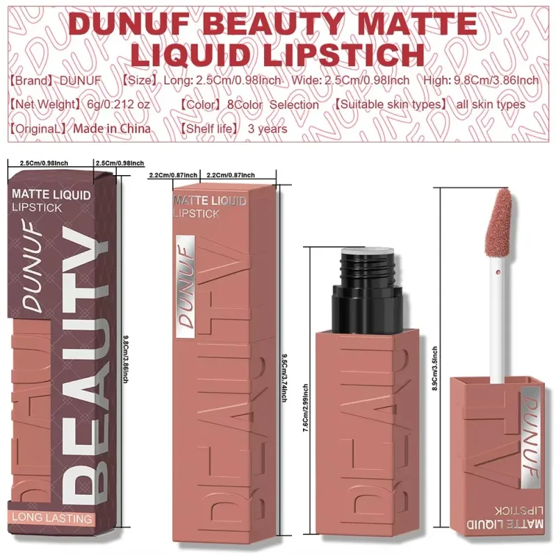 Lip Matte 8-Color Velvet Smooth Easy-to-Apply Square Gloss Tube Waterproof Three-Dimensional Sexy Plumping Lipstick Makeup