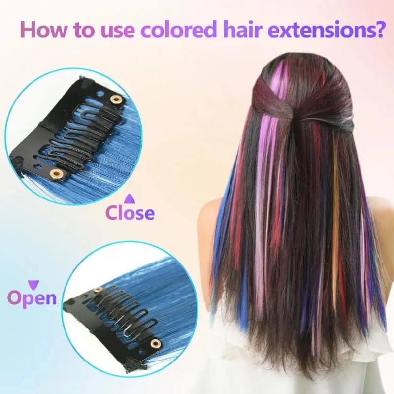 1 5 11 Pcs/lot Clip in Hair Extensions Multi-Colors Highlights Synthetic Hair 22 inch Rainbow Hairpieces for Girls Women Kids — image 5