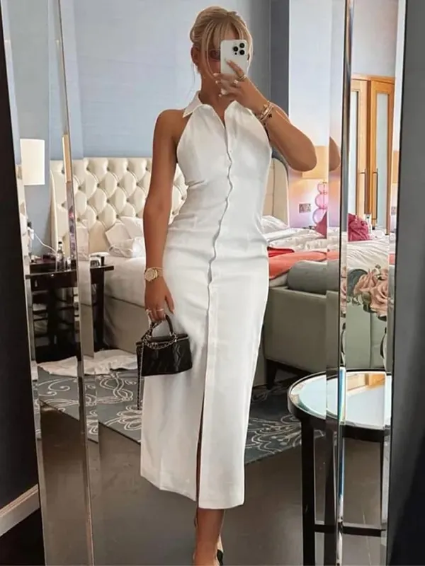 White Single Breasted Denim Dress Elegant Short Sleeve Lapel Bodycon Women's Dresses 2026 Summer Lady Chic Commute Street Robes — image 8