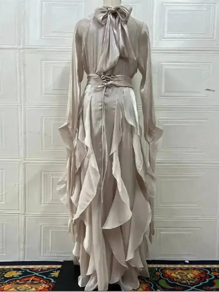 Early Autumn Turtleneck Lantern Sleeves Shinny Ruffles Pullover Floor Length Vacation Dress High Waist Female Vestido — image 3