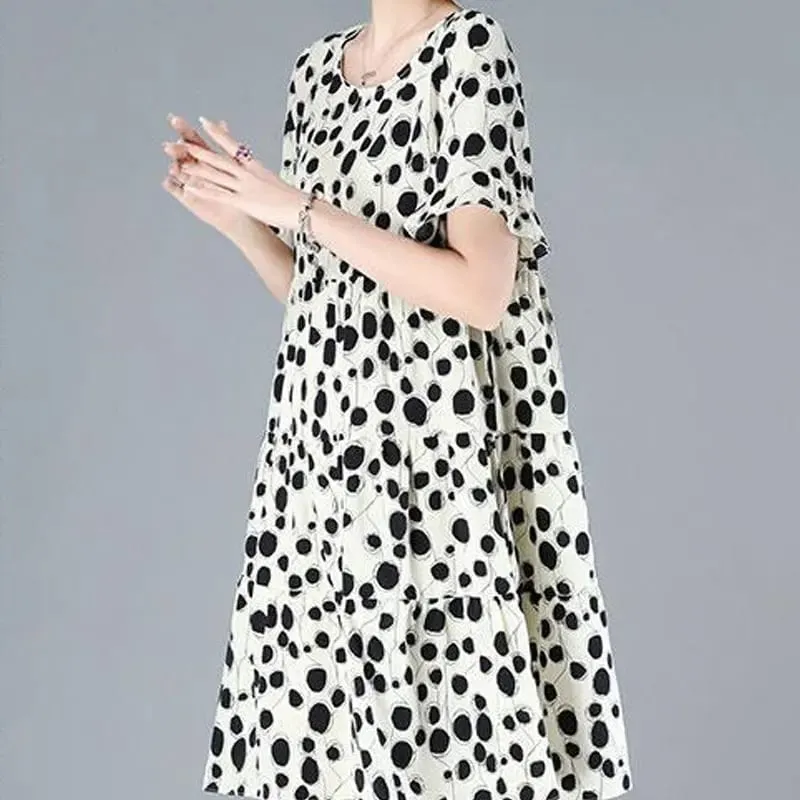 Female Clothing Casual Dot Printed A-Line Dresses Summer Butterfly Sleeve Korean Round Neck All-match Loose Spliced Midi Dress — image 3