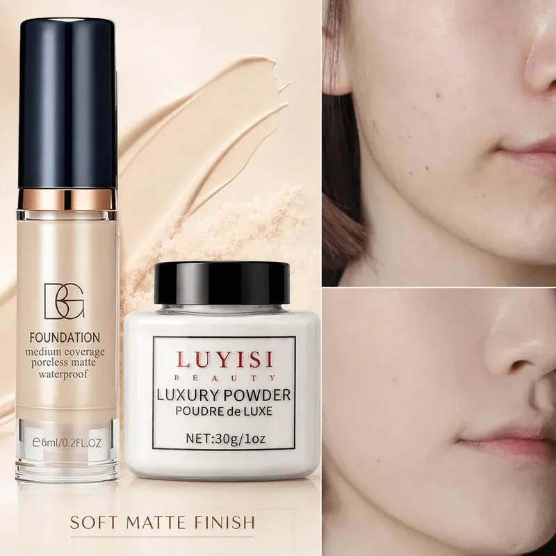 Facial Makeup Set:1pc Matte Loose Powder+1pc Waterproof Fundation High-Coverage Long-Lasting Oil Control Creat Natural Looks. — image 4