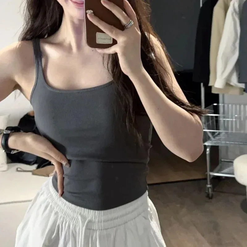 Solid All-Match Invisible Integrated Chest Pad Cami 2024 Spring New Korean Women clothes Short Sleeveless Top — image 3