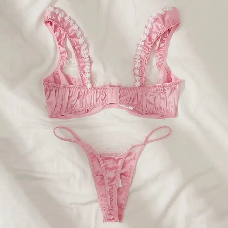 Pink Embroidery Lingerie Set Sexy Bra and Thong 2-piece Suit Deep V Erotic Underwear Uncensored Female Seductive Costumes 2025