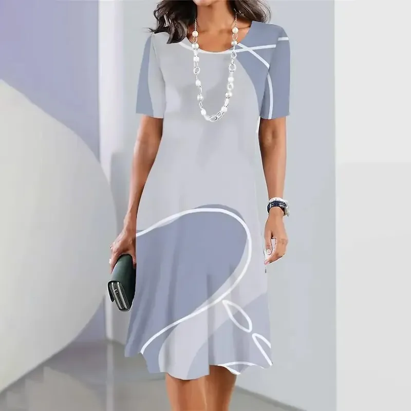 New Geometric Curve Graphic Print Women's Dresses Elegant Loose Short Sleeve O-Neck Summer Dresses Female Fashion Sundress — image 3
