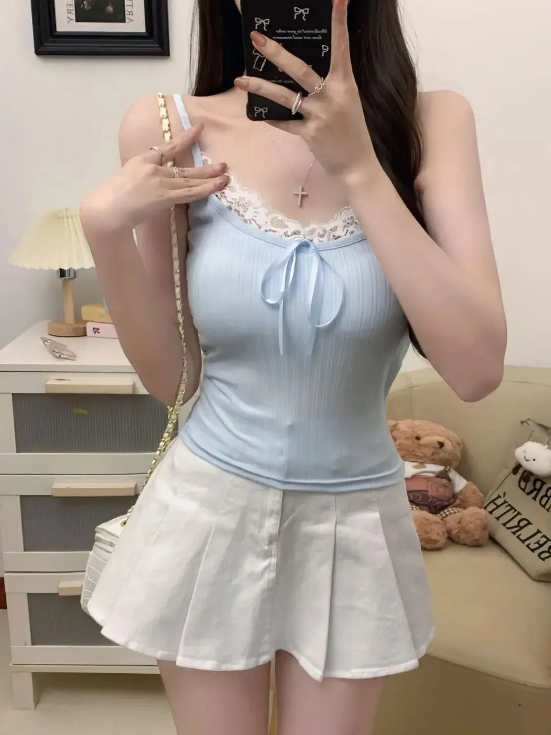 Sexy Patchwork Lace Trim Camis Top Sweet Casual Slim Solid V-Neck Sleeveless Cute Tank Tops Women 2025 Summer Streetwear Lady — image 8