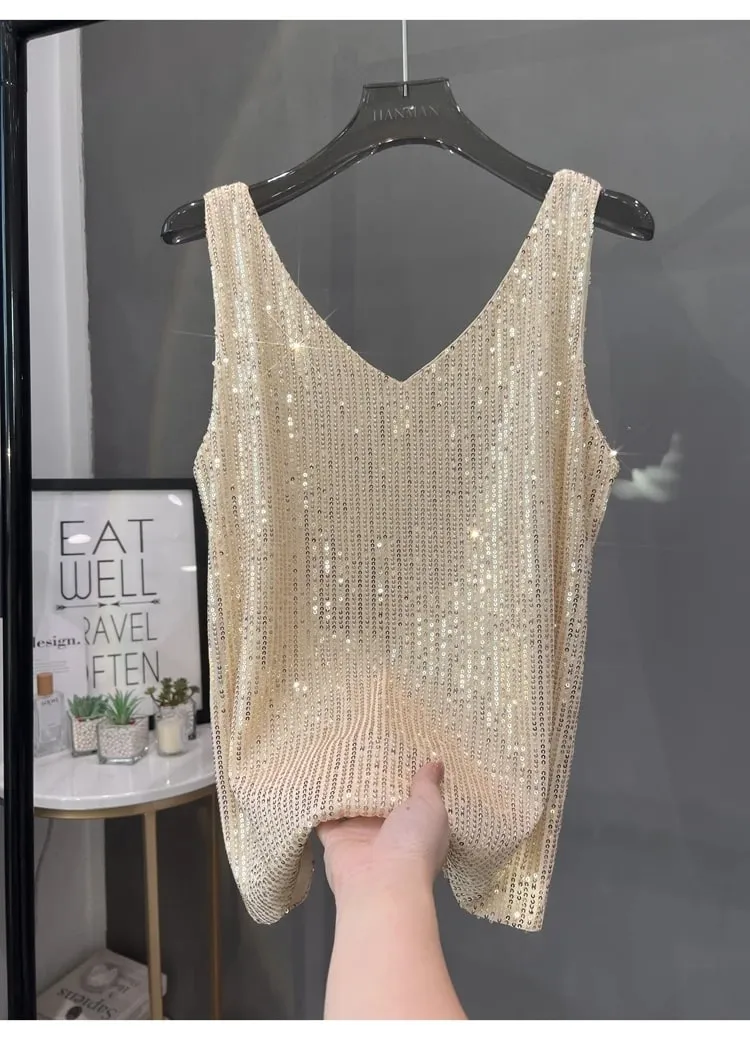 2024 New European and American Sequined V-neck Vest Worn Inside A Suit Bottoming Shirt and Worn Outside A Sparkling Top — image 17