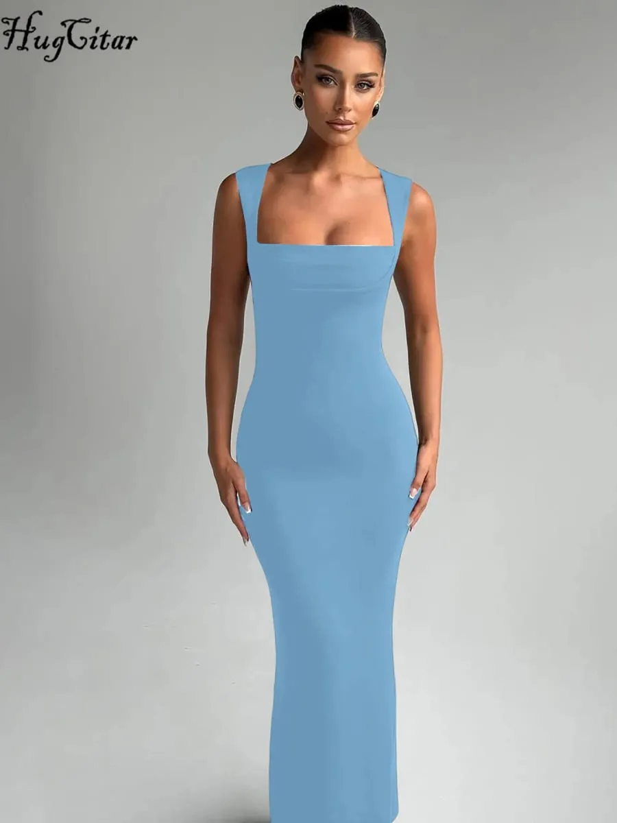 Hugcitar Women Elegant Solid Square Collar Straps Sexy Bodycon Maxi Prom Dress Summer Women Y2K Clothes Evening Party Birthday