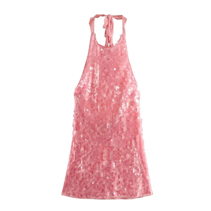 Sequins Glitter Halter Mini Dress Women Backless Sleeveless Evening Party Holiday High Waist Sexy Dresses 2025 New Fashion Night — image 8