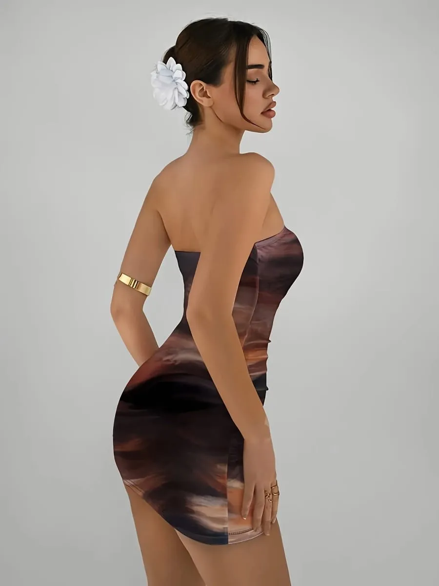 Elegancka damska dzianinowa mini sukienka z gradientowym nadrukiem Wiosna lato w nowym stylu impreza wakacyjna seksowna suknia slim fit bez ramiączek — image 3