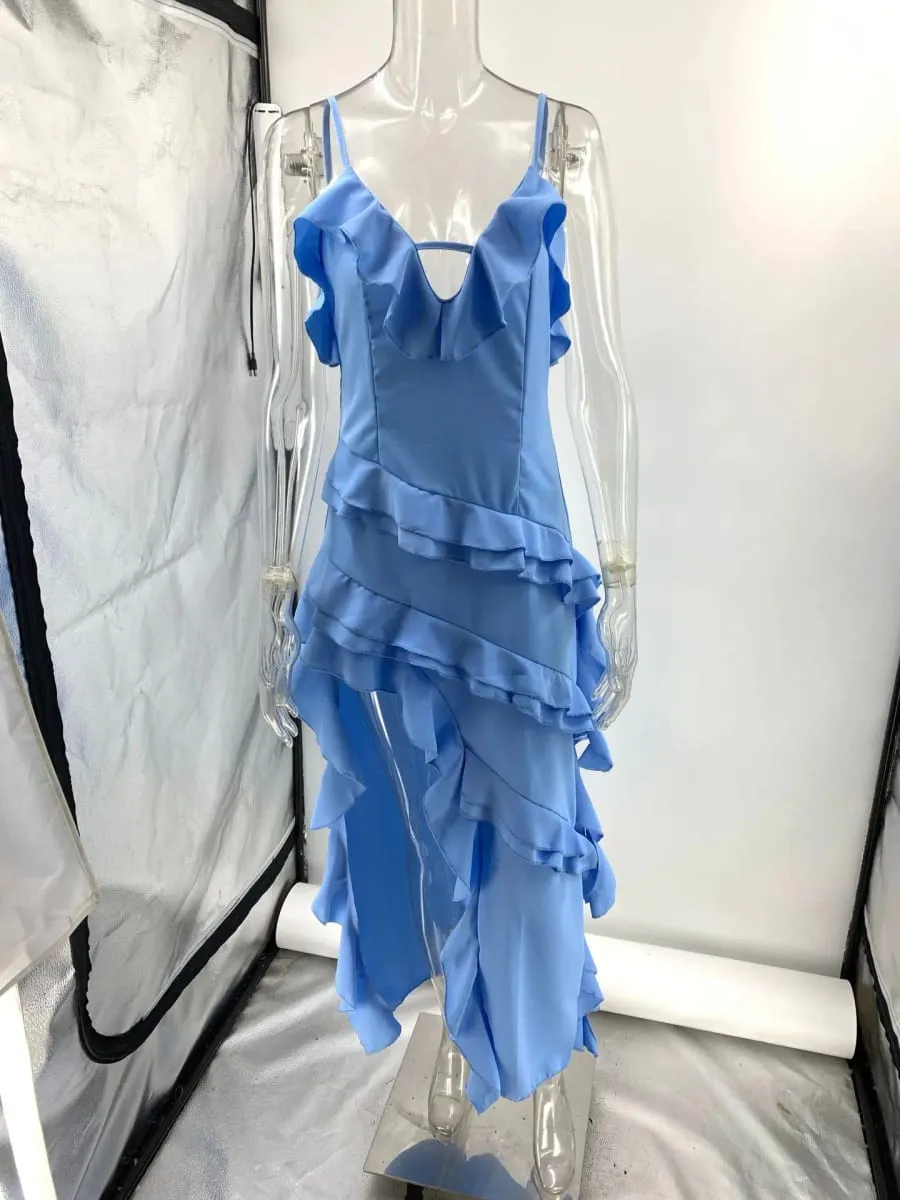 Woman Irregular Tassel Summer Trend Skinny Split Maxi Bodycon Birthday Party Clubwear Vestidos Blue Elegant Women Strap Dresses — image 6