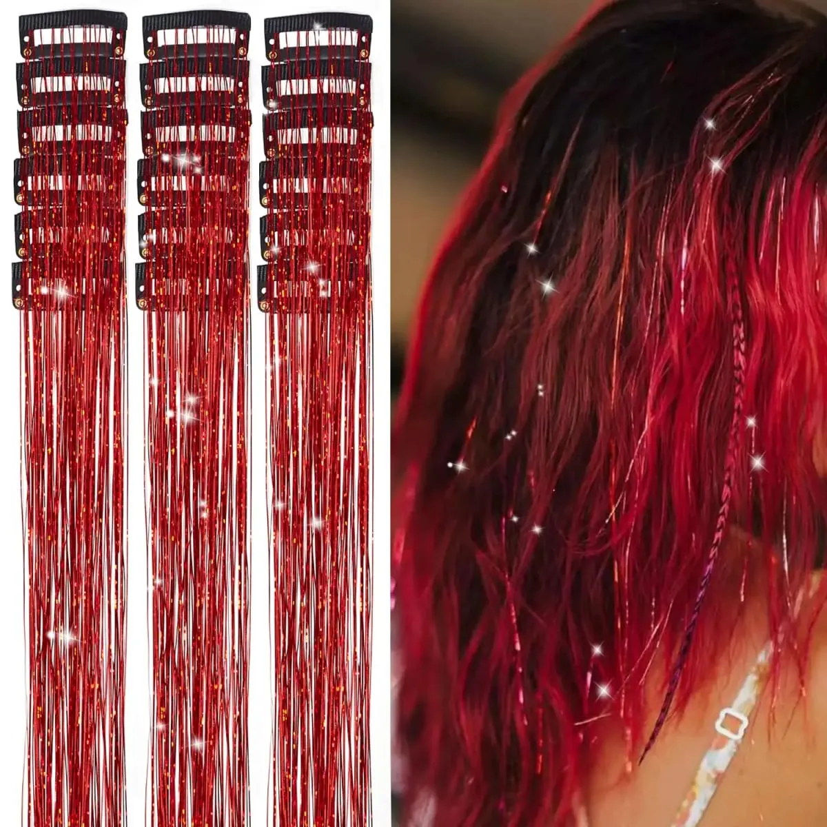 20 Inch Glitter Tinsel Hair Extensions with Clips In 6Pcs/Set Synthetic Clip in Sparkle Fairy Hair Accessories for Women Kids