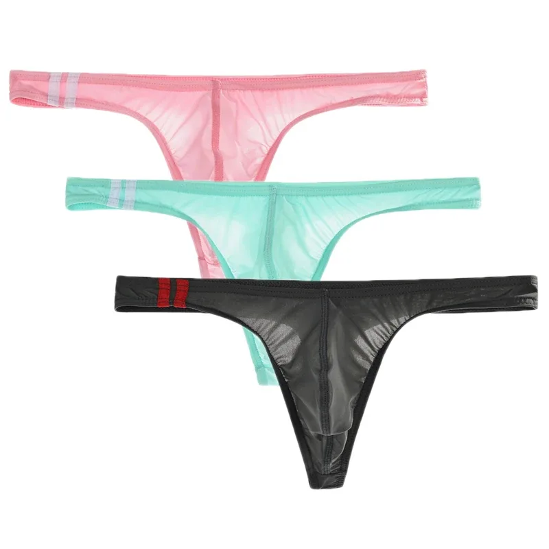 3Pcs/lot Sexy Underwear Men's T-Back Underpants Thongs G-String Ice Silk Breathable Male Bikini Panties U Convex Pouch Undies — image 24
