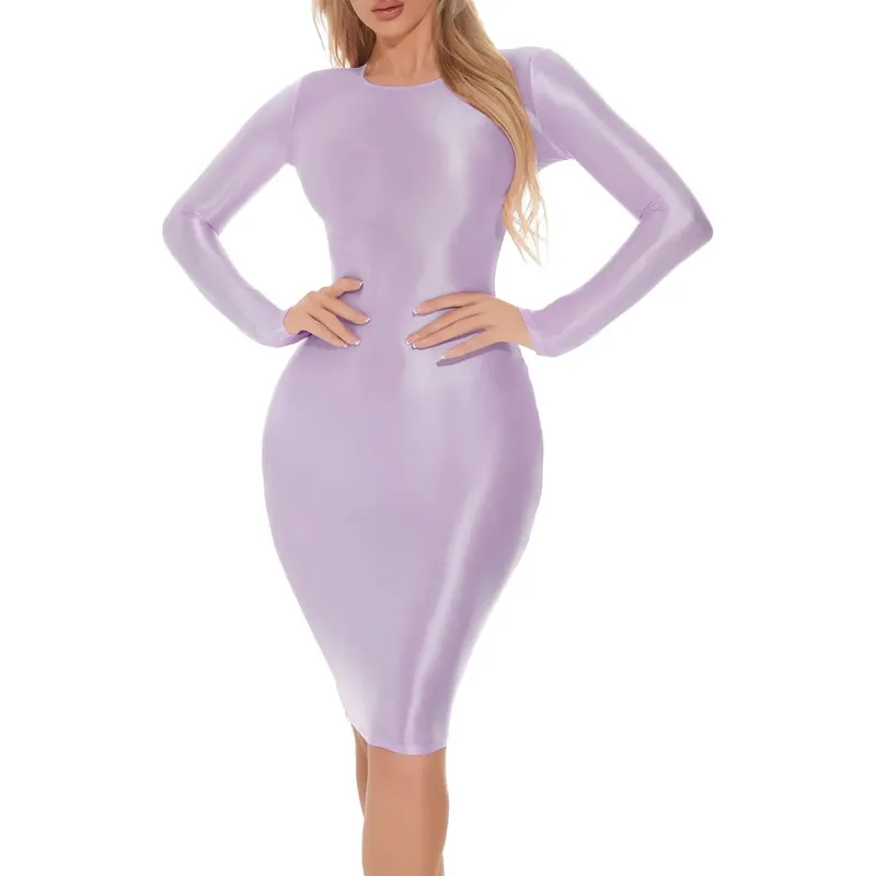 Women's Oil Glossy Long Sleeve Bodycon Dress Smooth Solid Color Round Neck Hip Wrap Tights Pencil Dress Rave Party Clubwear
