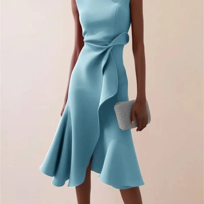 Women Sleeveless Solid Color Round Neck Midi Dress Elegant Slim Fit Formal Party Outfit Fashion 2025 New Arrival — image 6