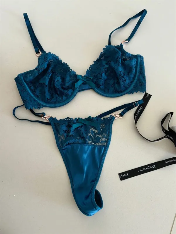 Charmoso nicho de cetim tesouro azul lingerie renda sexy anel de aço fino suporte superior conjunto de sutiã reunido roupa íntima feminina