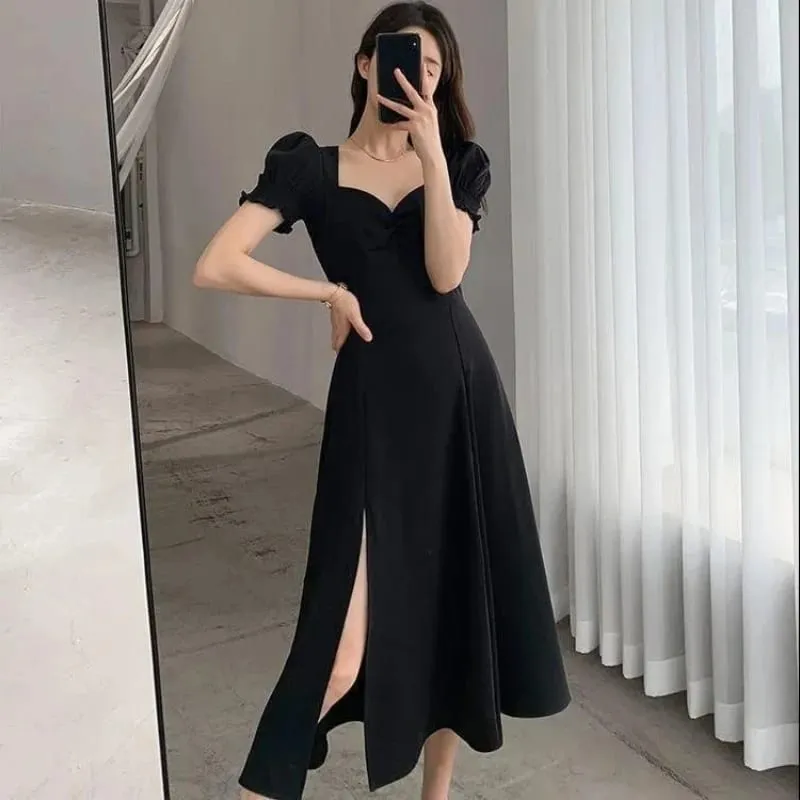 Katı Puf Kısa Kollu Zarif Yarık Elbise Yeni Moda Kadın V Yaka Tam Elbiseler Bayanlar Yüksek Bel Ince Akşam Parti vestidos — image 2