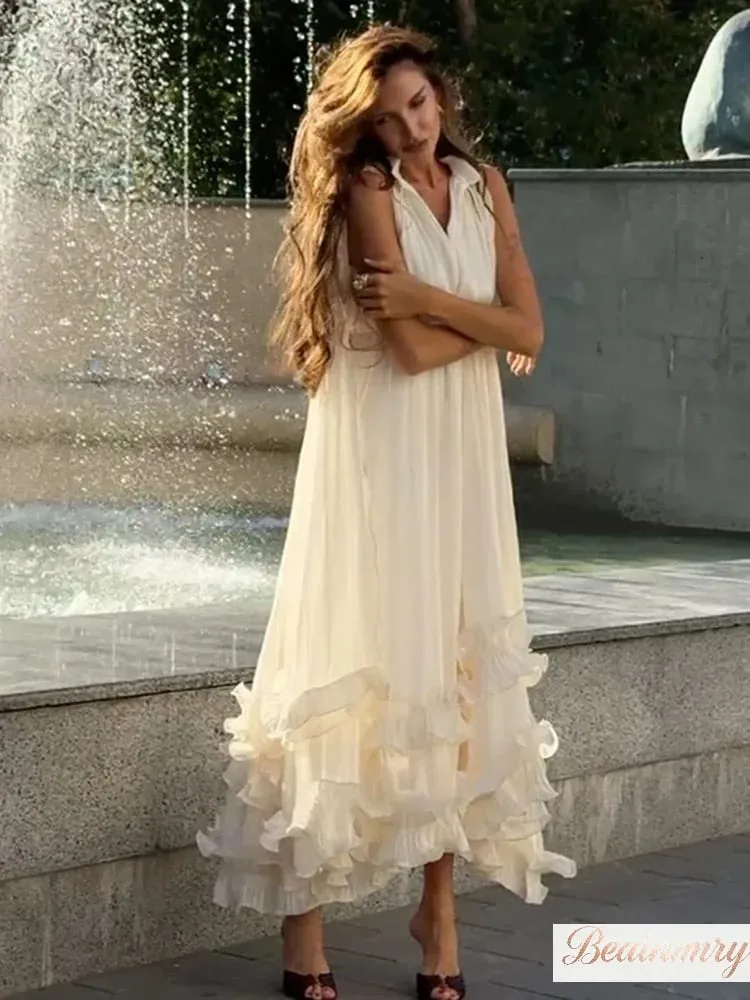 Solides mehrschichtiges Maxikleid mit Rüschen für Damen, elegant, ärmellos, schulterfrei, hohe Taille, Kleider 2026, Urlaub, weibliche Kleidung — image 2