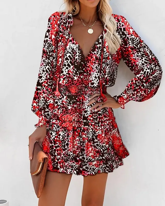 Color Printed Mini Dresses Women Spring Summer Long Sleeve V-neck Elastic Waist Ruffles Dress Fashion Trendy Ladies Vestidos — image 12