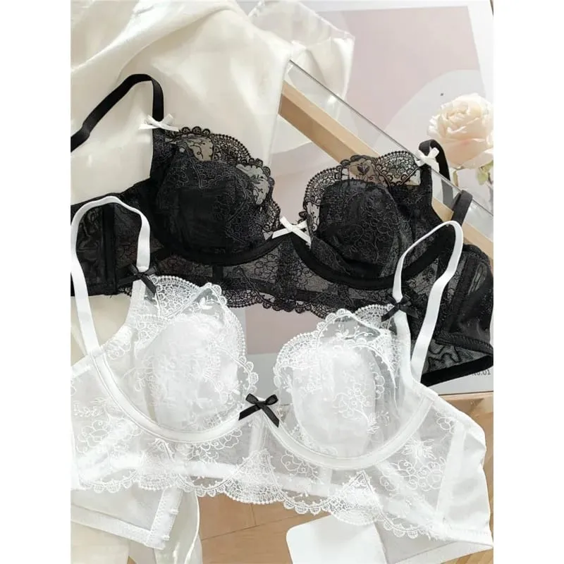 French Lace Lingerie Set Women Wirefree Minimizer Support Summer Ultra Thin Bra Large Chest Petite Look Bunny Ears — image 1