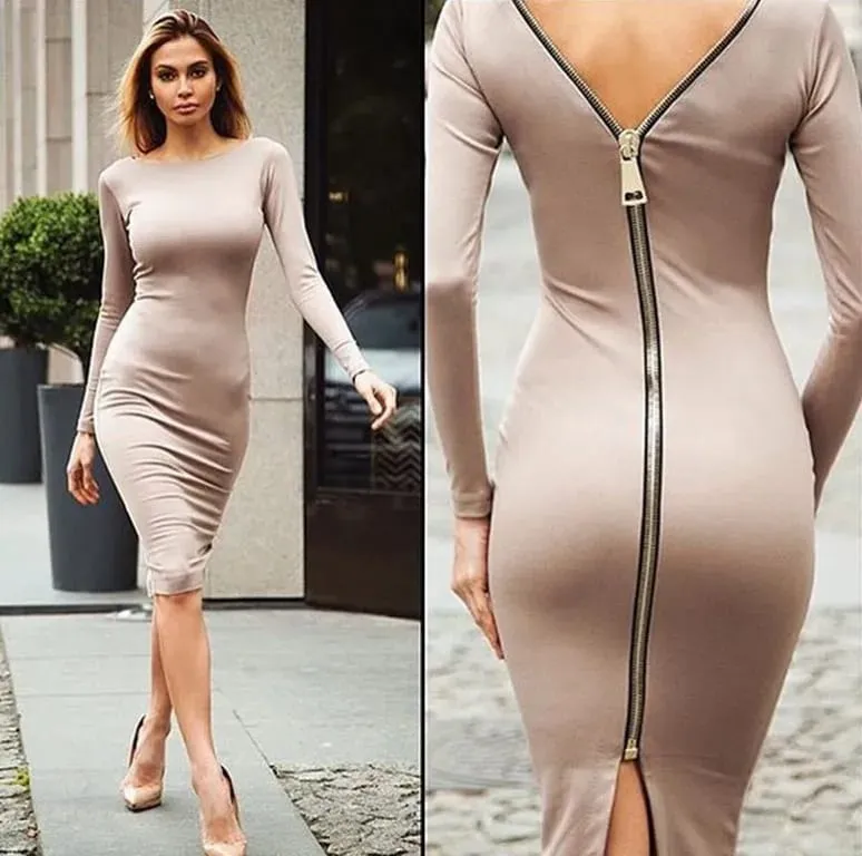 Spring new large size Bodycon dress Solid Color Round neck long sleeve Back zipper tight dress Female Fashion Clothes D1240 — image 8
