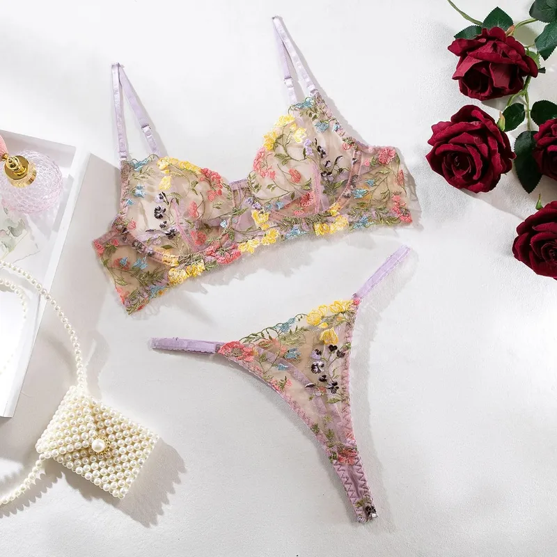 Yimunancy Floral Embroidery Lingerie Set Women Sheer 2-Piece Boho Bra + Panty Underwear Set Intimates — image 9