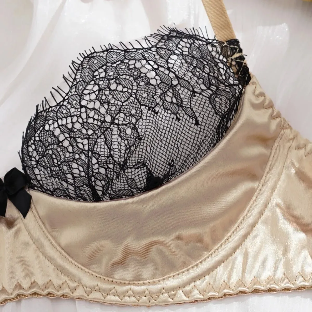Satin Stoff Wimpern Spitze Patchwork Ultradünne Ungefütterte BH-Sets Unterwäsche mit Bügel Sexy Dessous Frauen Büstenhalter — image 4