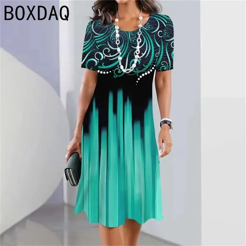 Big Size Women Dress 3D Colorful Gradient Print A-Line Dress Summer O-Neck Short Sleeve Casual Dress Elegant Loose Mini Dresses