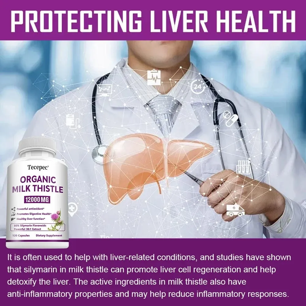 Organic Milk Thistle Extract 12000mg Capsules Liver Digestive Health Supports Liver Function Antioxidant Non-GMO Vegetarian