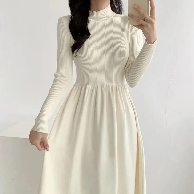 Autumn Winter Women Knitted Dress All-Match Simple Solid Half-High Collar Long Dresses Woman Korean Chic High Waist A-Line Dress — image 6