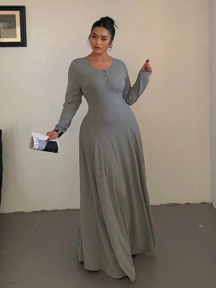 Plus-Size Solid-Color Knit Elegant A-Line Flowy Maxi Dress | Women's Long Dress | Casual & Commuter Style — image 4