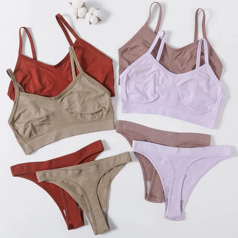 Women Seamless Bra And Panties Set Wire Free Bralette High Leg Cut Thongs Comfort Ribbed Unlined Underwear Sexy Lingerie Set — image 1