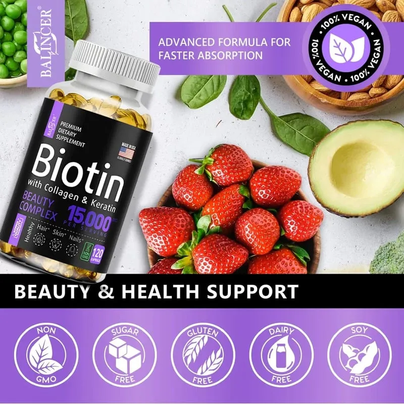 Biotin Supplement - 15 000 Mcg with Collagen and Keratin Vitamins Shiny Hair Skin and Nails Joint Health 30/60/120 Capsules — image 6
