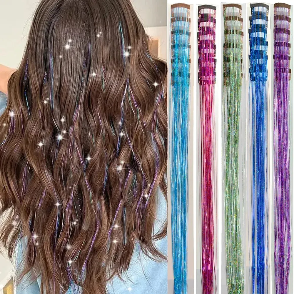 20 Inch Glitter Tinsel Hair Extensions with Clips In 6Pcs/Set Synthetic Clip in Sparkle Fairy Hair Accessories for Women Kids