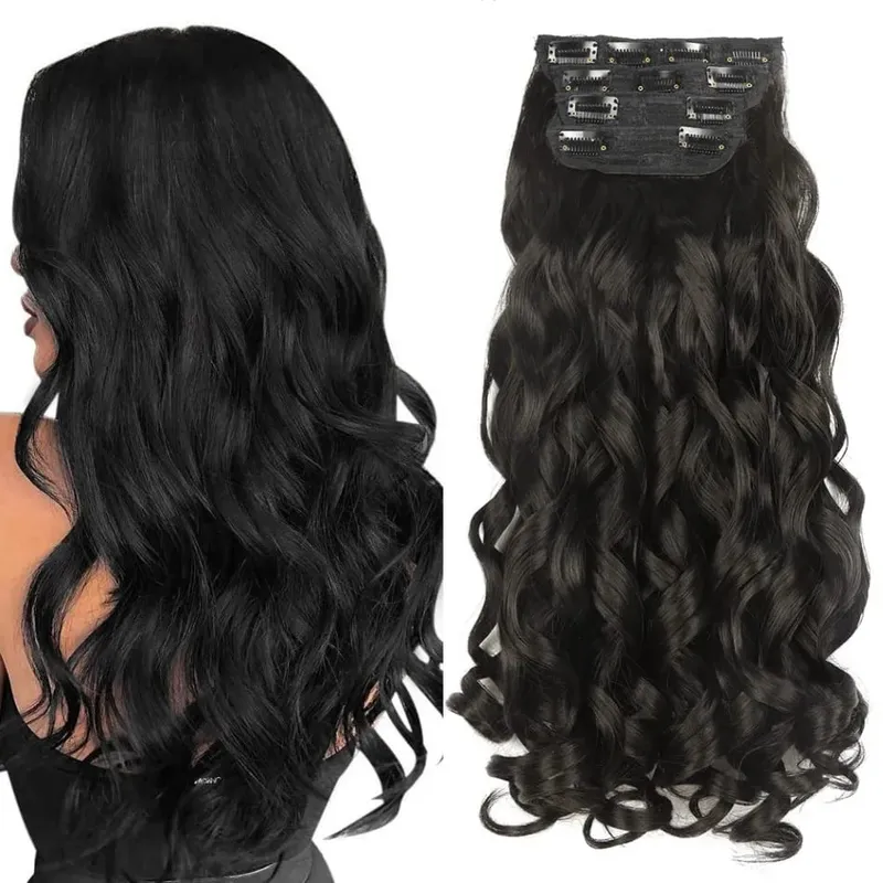 Synthetic 4Sets 11 Clips In Long Wavy Hair Extension 20Inch 4Pcs 200g Thick Hairpieces Europen Princess Fiber Double Weft Hair — image 6