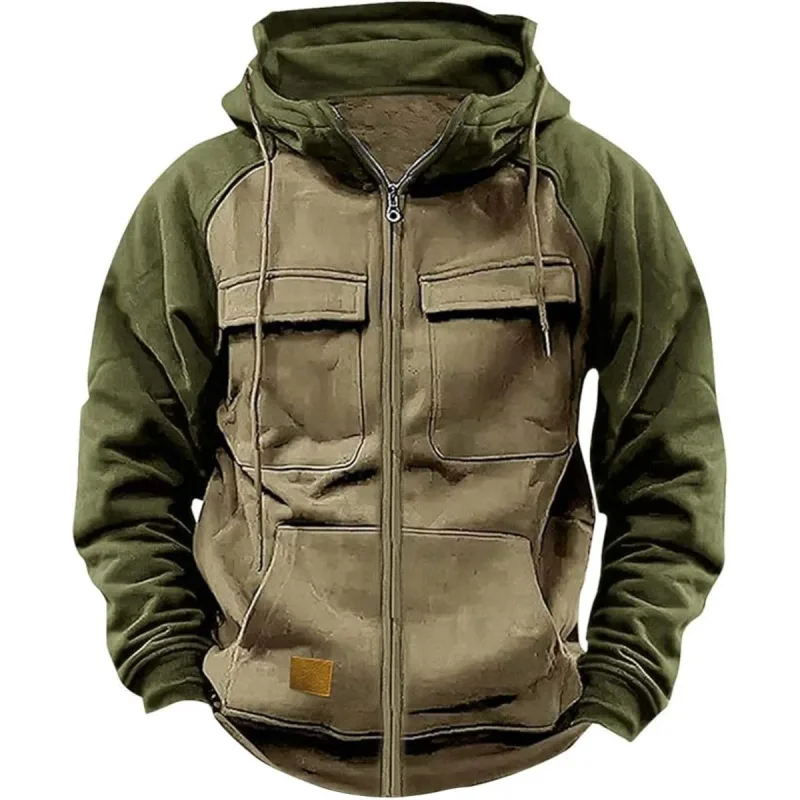 Men's Hooded Sweatshirt Zipper Patchwork Fleece Jacket Warm Sporty Autumn Winter with Multiple Pockets Fashionable Hood — image 5