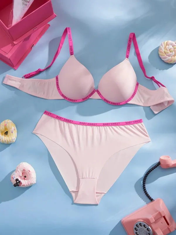 Ensemble de sous-vêtements pour femmes, couleur unie, sans couture, garniture en lettres, soutien-gorge Push Up, soutien-gorge confortable à armatures, ensemble de Lingerie décontracté pour tous les jours
