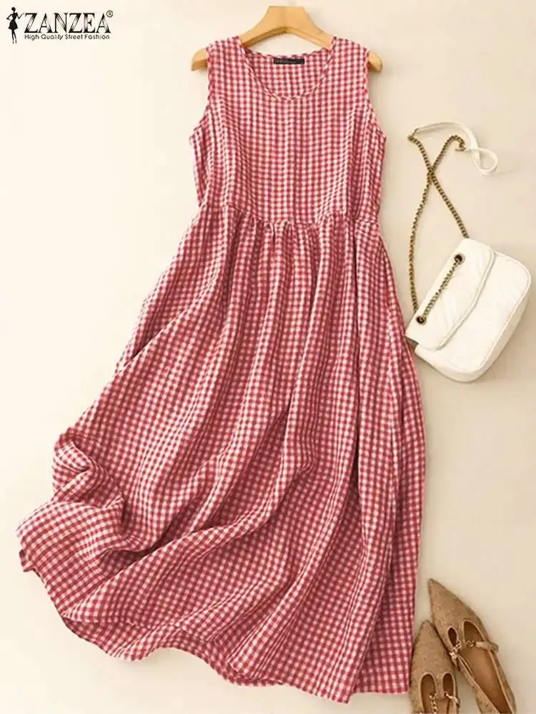 Summer Plaid Checked Sundress Sleeveless Bohemain Holiday Dresses Women Elegant O Neck Dress Casual Baggy Work Vestidos — image 3