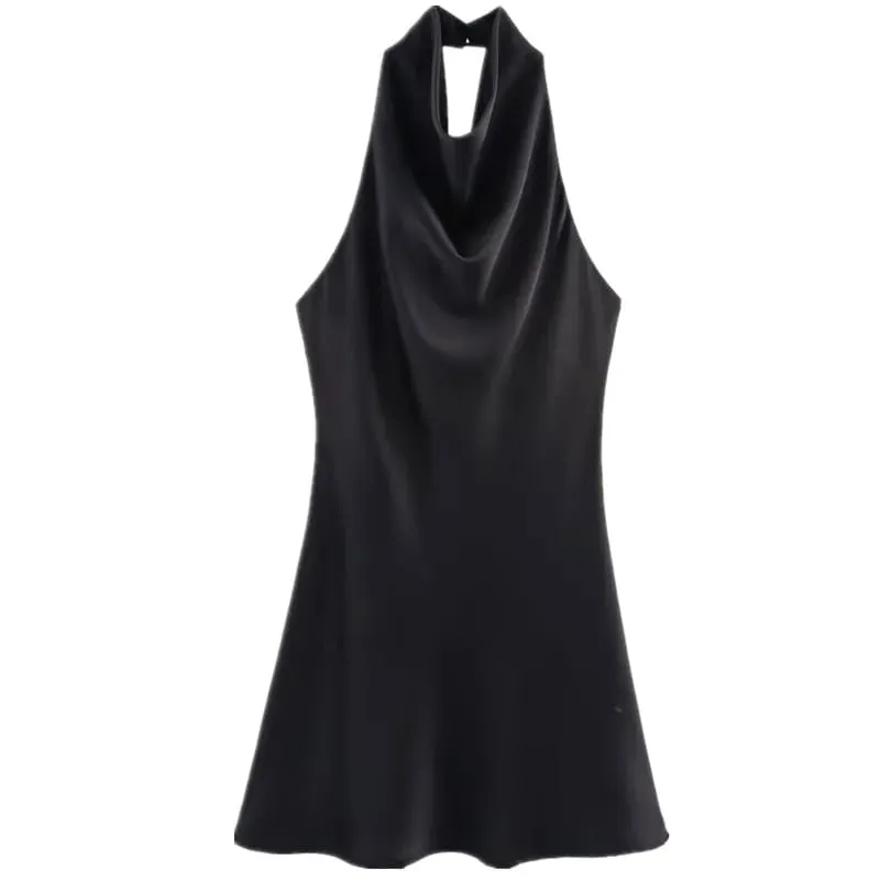 Silk Satin Texture Summer New Arrival Women's Dr Hanging Ne Collar Gown Soft A-Line Skirt High Waist Pure Color