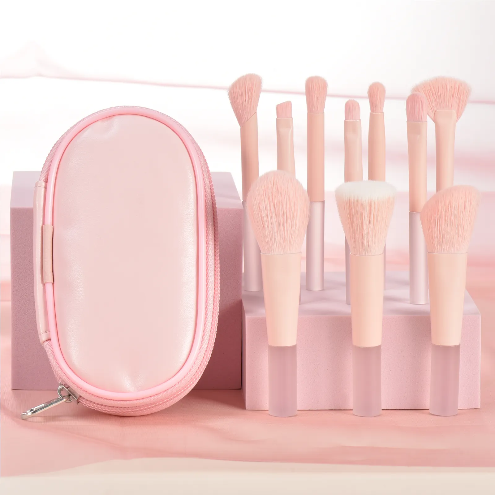 10 pink mini makeup brushes with storage bag foundation contouring brush eyeshadow brow brush - Makeup puff portable makeup — image 2