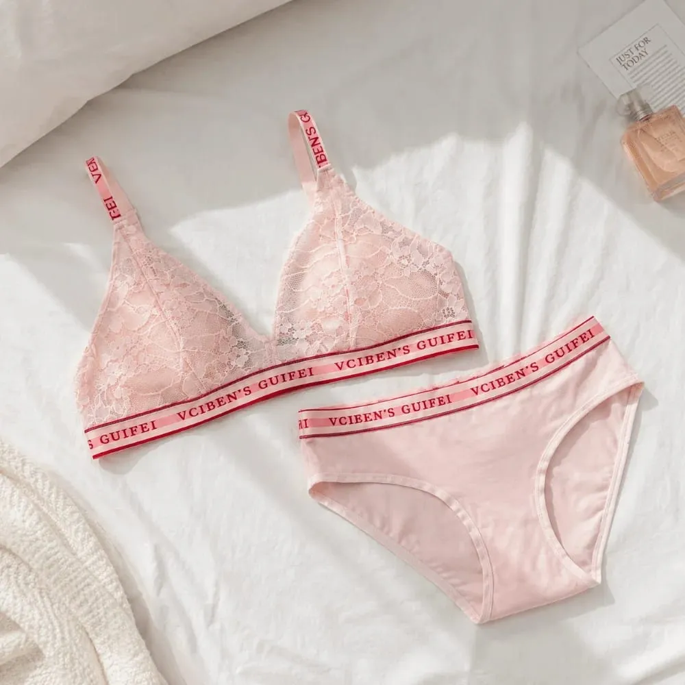 Comfortable Letter Design Lingerie Set Lace Deep V Women Underwear Suit Wireless Color Blocking Bra Panties Set Famle — image 3
