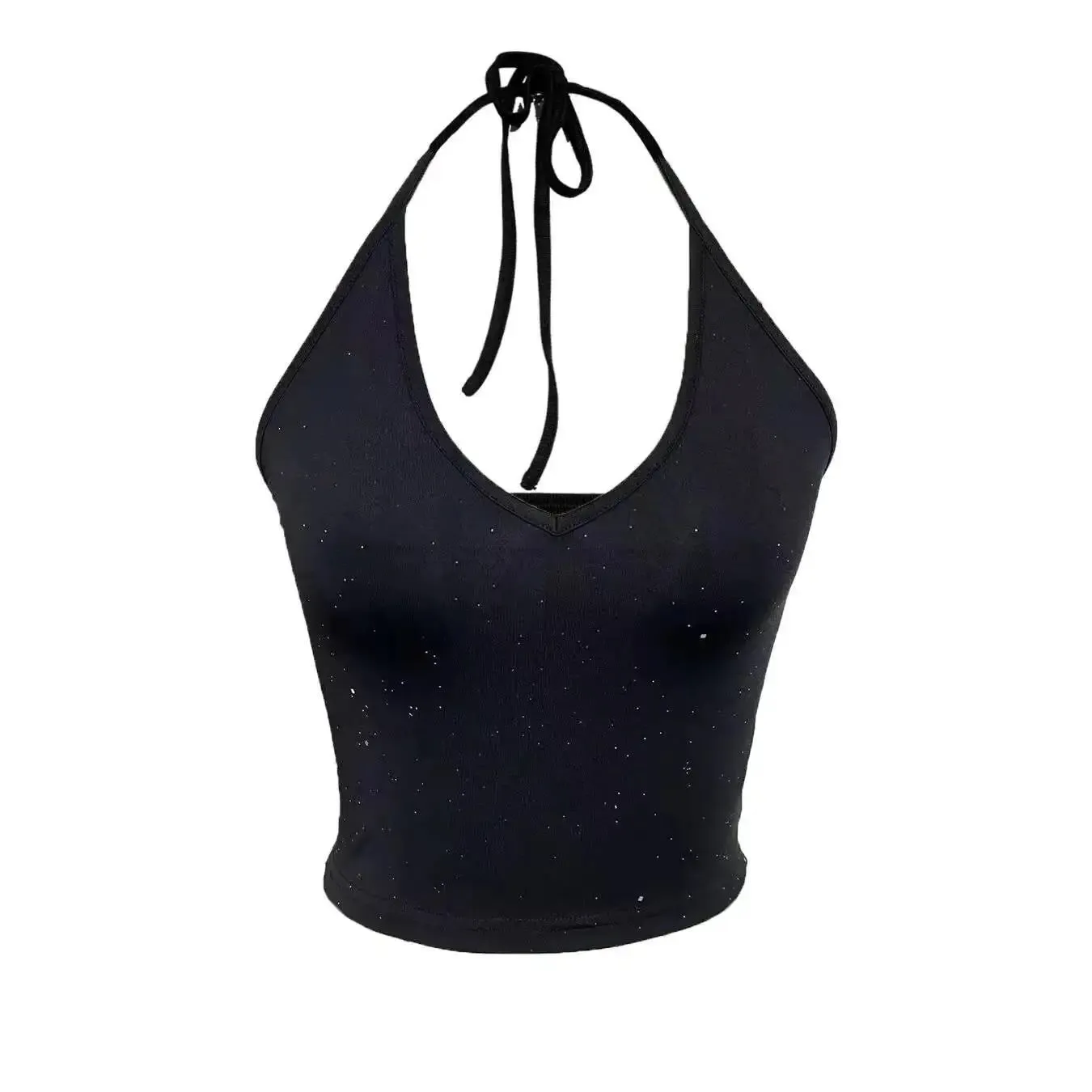 Débardeur femme Printemps Eté Noir Tricot Côtelé Paillettes Étoilées Licou Col V Sans Manches Recadrée Mince Décontracté Haut Quotidien