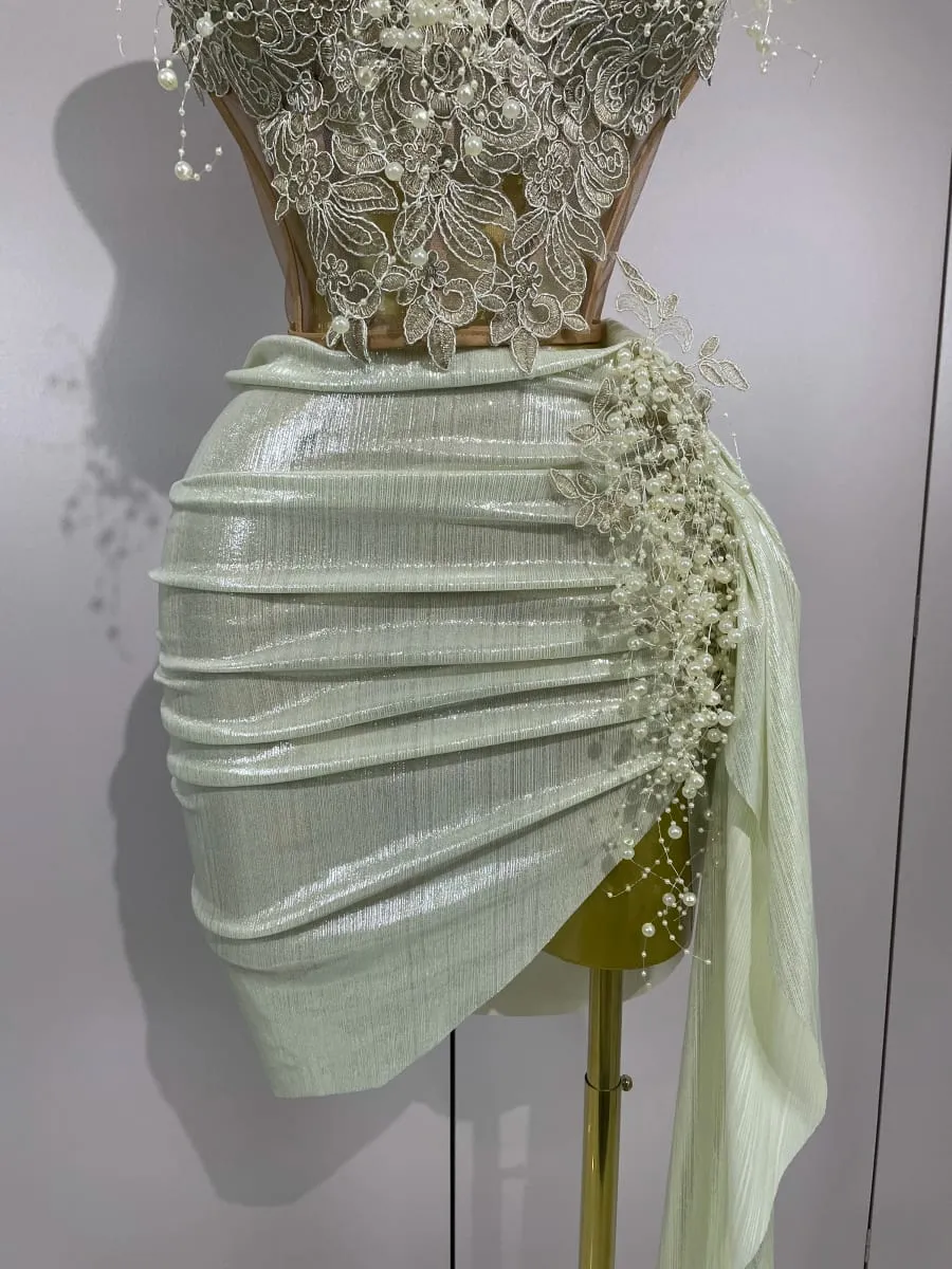 Luxury Shining Pearls Sexy Asymmetrical Skirt 2 PCS Set 2025 Women Evening Birthday Party Stage Dancer Performance Costume — image 6