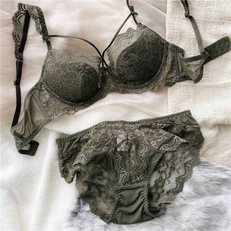 2 Pieces Sexy Lace Push Up Bra Set Women Ultra-thin Cup Bralette Breathable Plus Size Underwear Classic Hollow Bras and Panties — image 7