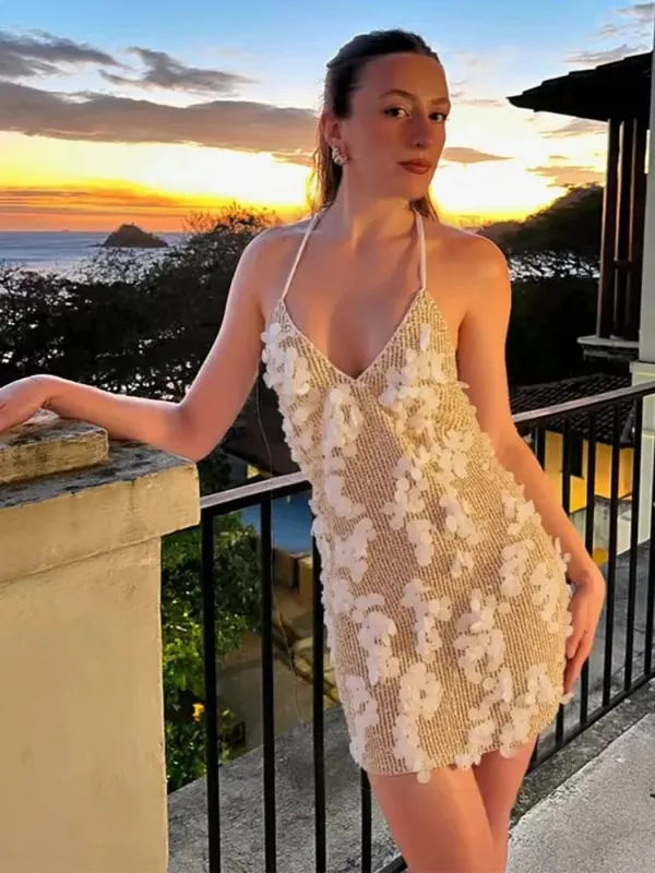 Dámské jednobarevné flitrové minišaty ohlávka s výstřihem hlubokým výstřihem do V bodycon bez rukávů Třpytivé vestidos formální klubové koktejlové šaty Nové — image 12