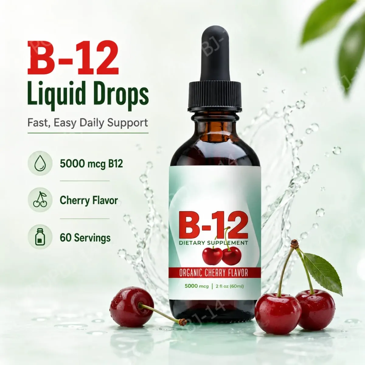 Vitamin B12 Methylcobalamin Liquid Drops 5000 mcg třešňová příchuť 2 fl oz 60 porcí Veganský denní doplněk bez cukru