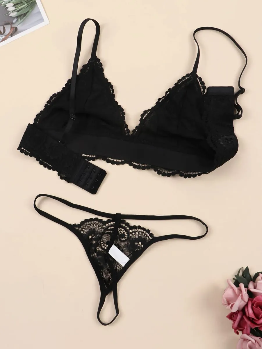 Varsbaby Women Lace Bra Brief Set 2pcs Wire Free Triangle Cup Brassiere Lace Sheer Panty for Women Romantic Underwear Lingerie — image 2