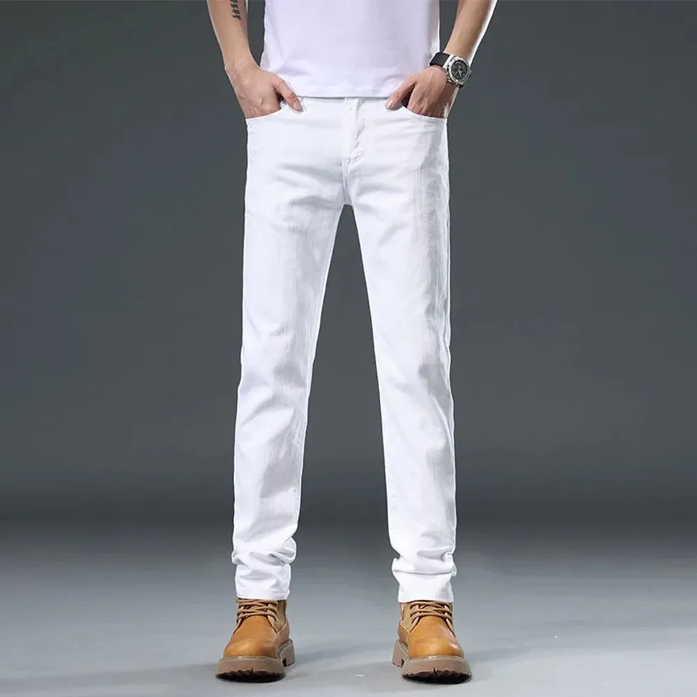 2025 סתיו גברים לבן Slim Fit ג'ינס ישר מכנסי ג'ינס מתיחה מקרית אופנה נוחה בגדי מותג גברים בגדי רחוב — image 3